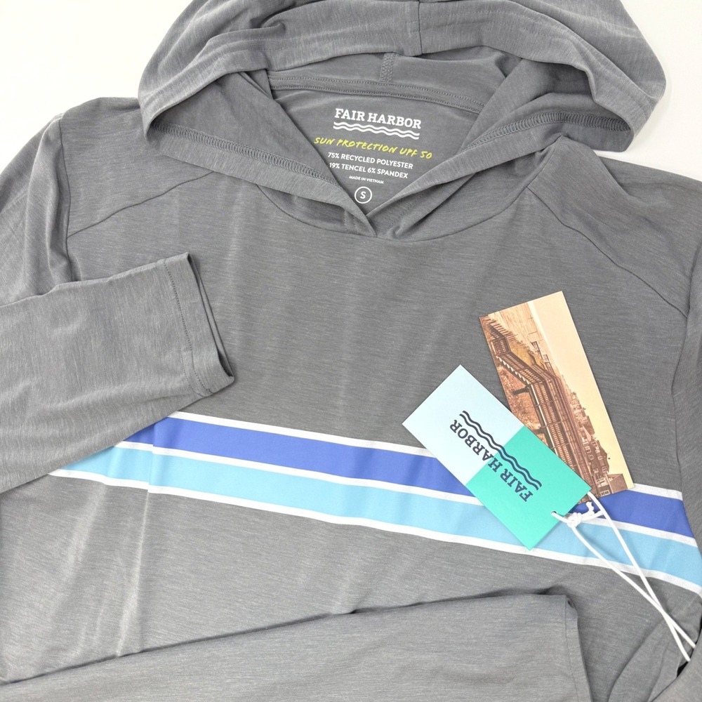 Fair Harbor Mens Small Seabreeze Hoodie Heather Grey Bluebird Stripe‎ UPF 50 NEW